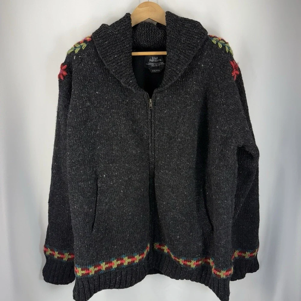 Lost Horizons Handcrafted Wool Jacket XXL Fleece Lined Nepal Deer Floral - Picture 2 of 11